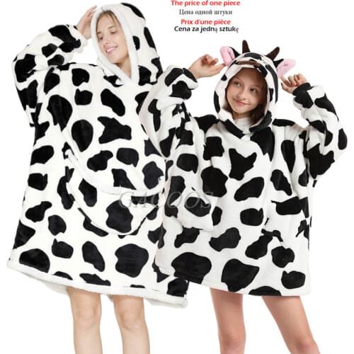 Family Matching Hoodies Sweatshirt Mother Daughter Oversized Homewear Winter Warm New Cartoon Cows Teens Girls Casual Sleepwear