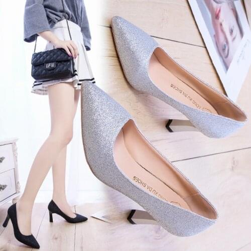 Women Wedding Shoes Sequined Cloth High Heels Dress Shoes Pointed Toe Pumps Bling Ladies Shoes Square Heel Silver Black 8517N
