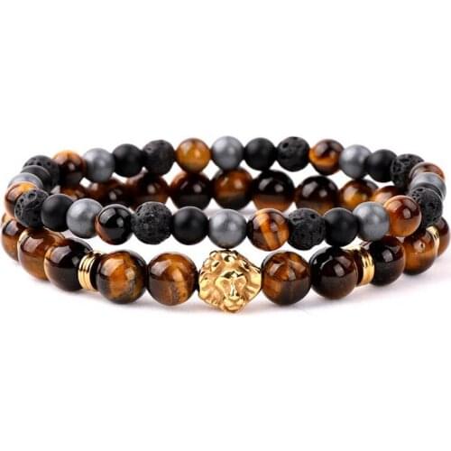 Unique design mix natural stone tiger eye lava rock stone matte onyx stainless steel lion beaded bracelet set men