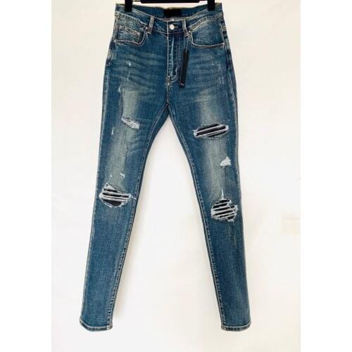 High-quality four seasons do old knee leather jeans men wash slimming feet scratch casual pants tide card