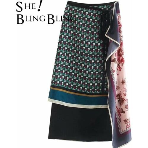 SheBlingBling Za Woman 2021 Casual Long Midi Skirt Summer Print Patchwork Draped Detail High Waist Lace-Up Wrap Traf Skirts