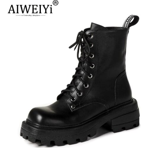 AIWEIYi Black Booties Womens Genuine Leather Shoes Martin Boots Med Heels Platform Boots Lace Up Ankle Boots Winter Shoes