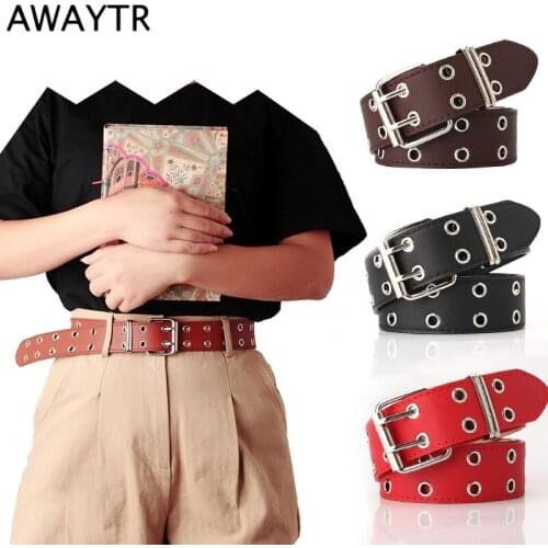 AWAYTR High Quality PU Leather Women Belt Double Row Hole Metal Buckle Pin Buckle Belt Adjustable Waistbands Wide Dress Decorate