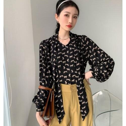 2021 Spring And Autumn Korean Female Retro Floral Long-Sleeved Loose Chic Women Vintage Printed Korean Lady Tops Blusa Feminina