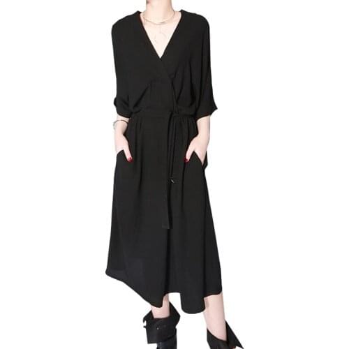 Darkness Black Office Lady Dress V Neck Half Sleeve Work Wear Elegant Waistband Dresses Oversize Loose Vestido Tide 2020 New