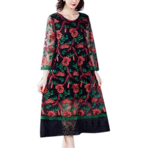 2021 New Arrival Spring Autumn Women Wrist Sleeve Loose Plus Size M-3XL Dress High Quality Flowers Embroidery Vintage Dress
