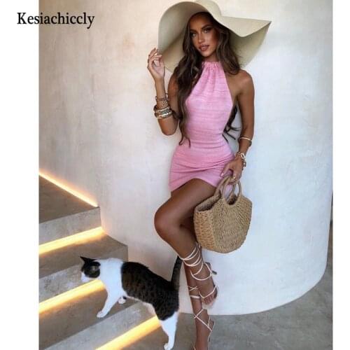 Kesiachiccly 2021 Knitted Dress Bodycon Blue Women Halter Neck Backless Bandage Dress Summer Beach Sleeveless Sexy Mini Dresses