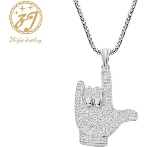 Zhijia gold silver color puck "rock" gesture crystal rhinestone pendant long chain necklace for men gifts