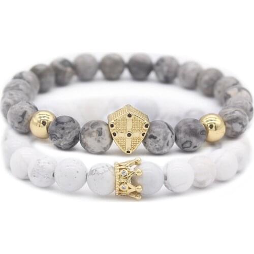 2pcs/set Gray White Natural Stone Beads Bracelet for Women And Men Crown Charm Bracelet Matching Couple Gift MBR180168