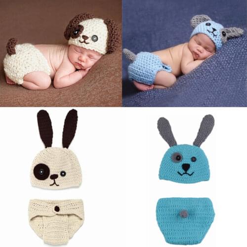 2Pcs/Set Baby Cute Dog Crochet Knit Costume Prop Outfits Photo Newborn Photography Props Infant Hat Girls Boys Clothes