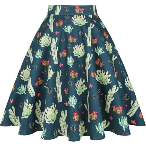2021 Women Midi Pleated Skirt Vintage 50s 60s Flower Printed Summer Skirt A Line High Waist Audrey Hepburn Swing Skirts VD0020