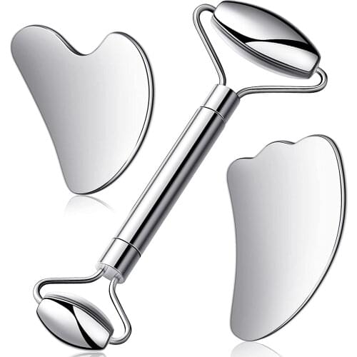 3 IN 1 Stainless Steel Facial Roller Gua Sha Scraping Massage Tool Set For Face Eye Neck Body Anti-Ageing Skin SPA Care Tools