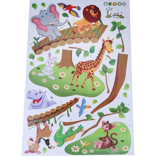60*90cm 3D Cartoon Jungle wild animal tree bridge lion Giraffe elephant birds flowers wall stickers for kids room living room ho