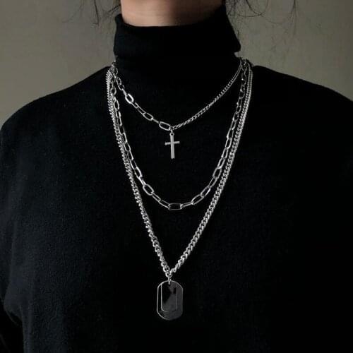 New Personality Cross Square Metal Hip Hop Long Chain Cool Simple Necklace Ladies Mens Jewelry Gift Three-piece Set кулон