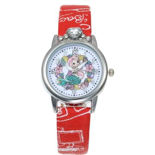 New Cartoon Children Mermaid Watch Fashion Girl Kids Student diamond Leather Analog Wristwatches Lovely Pink wreath watch Reloj
