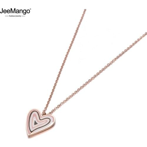 JeeMango Original Design Titanium Steel White/Black/Pink Glaze Heart Pendant Jewelry Rose Gold Choker Necklace For Women JN19098