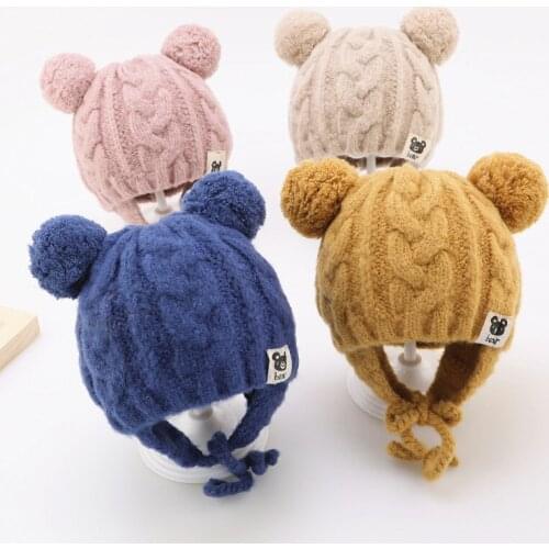 Baby Beanies Hats Solid Color Casual Knitted Cute Cap Baby Girls Boys Winter Warm Hat Furry Balls Pompom Infant Toddler Bonnet