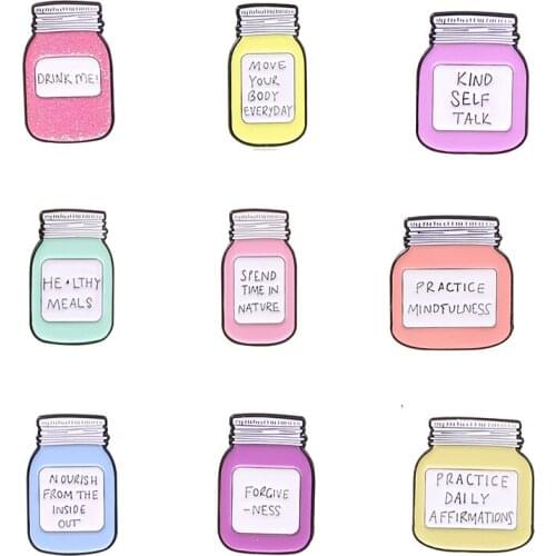 9 styles color letter storage tank enamel pin note note food item glass jar metal lid backpack badge jewelry brooch gift