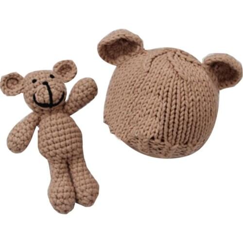 Hot Sale 60% Cute Newborn Beanie Cap + Bear Photography Prop Infant Baby Woolen Yarn Knitted Beanie Cap Cartoon Bear Doll