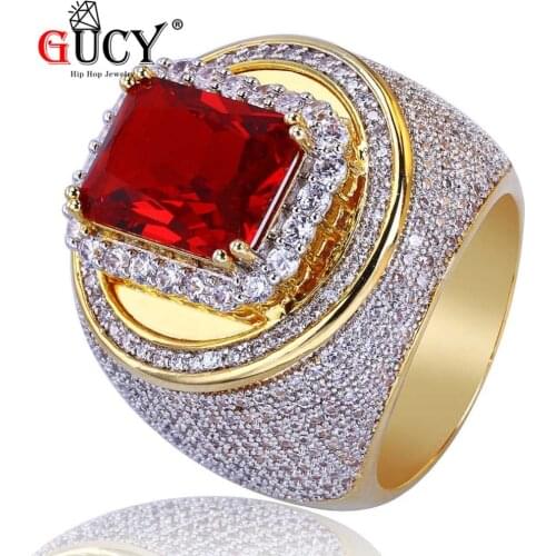 GUCY Iced Out Hip Hop Ring Gold Color Plated Cubic Zircon Big Red Stone Ring Personality Fashion Men Women Jewelry Lovers Gift