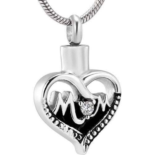 IJD12454 "Mom" with CZ Cremation Jewelry Pendant Urn Memorial Keepsake Cremation Necklace for ashes