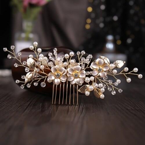Fashion Gold Tiaras Hair Combs Wedding Hair Accessories Bridal Women Pearls Flower Hair Jewelry Crystal Headpiece Hairpin Gift