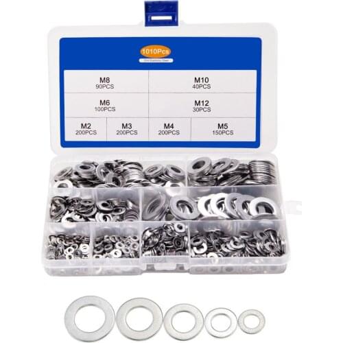 1010PCS/Box Washer Set M2 M3 M4 M5 M6 M8 M10 M12 Stainless Steel Washer Flat Washers Ring Plain Washer Gaskets Assortment Kit