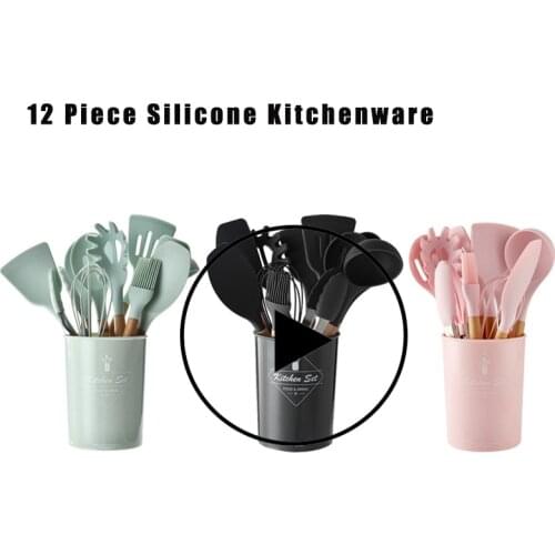12pc Silicone Cooking Tools Set Spatula Shovel Spoon With Wooden Handle Kitchenware Practical Kitchen Cooking Utensils