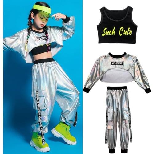 2021 New Hip Hop Dance Costumes For Kids Sliver Long Sleeved Loose Pants Jazz Street Dance Outfits Children Stage Wear DN8186