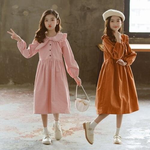 2021 Spring New Big Girls Elegant Princess Dress Fashion Children Long-Sleeved Corduroy Casual Clothing Sweet, #9408