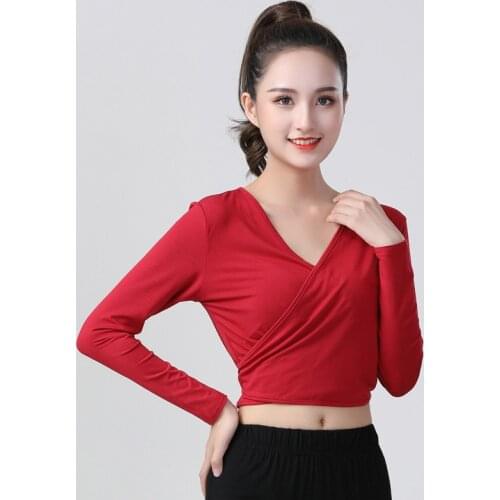 New Latin Modern Dance Clothing Tops Adult High-waist Short Modal Sexy Mesh Female Long-sleeved Latin Practice Dance Clothing