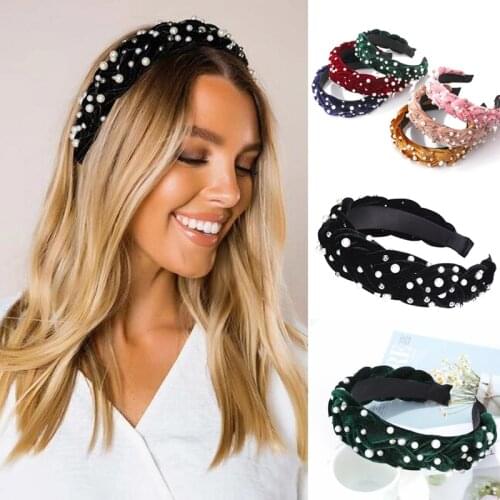 Retro Knotted Pearl Hair Bands Bow Knot Velvet Beading Hairband Women Hair Head Hoop Girls Headband Bohemian Hair Holder Turban