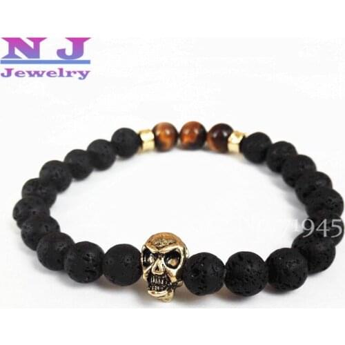 Wholesale 10pcs/lot 8mm Tiger Eye and Lava stone beads Bracelet ,New Gold Skull Bracelets Charm Yoga Mens Bracelets
