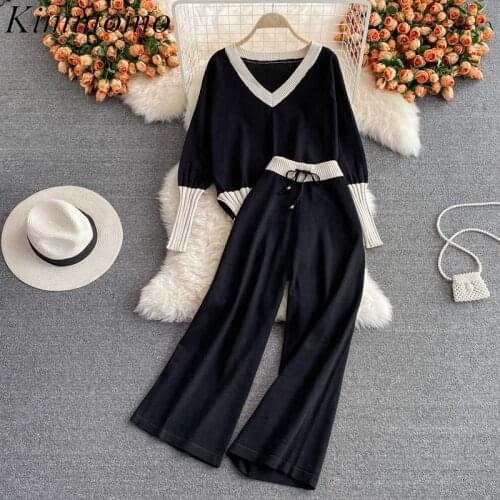 Kimutomo Vintage Fashion Suit Women V-neck Color Matching Long Sleeve Knit Pullover High Waist Drawstring Casual Wide Leg Pants