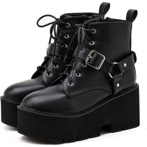 Punk Style Women Platform Ankle Boots Lace Up Short Motorcycle Botas Fashion Buckle Strap Ladies Wedges Heels Shoes