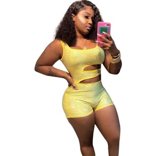 Cheap Sparkly Rhinestone Sexy Playsuit Shorts Jumpsuit for Women Sleeveless Tank Hollow Out Skinny Night Club Bodysuit Romper