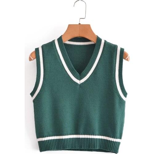 MESTTRAF Women 2021 Fashion V-neck Contrast Ribbed Trim Knit VestRetro Sleeveless Solid Color Slim Vest Streetwear