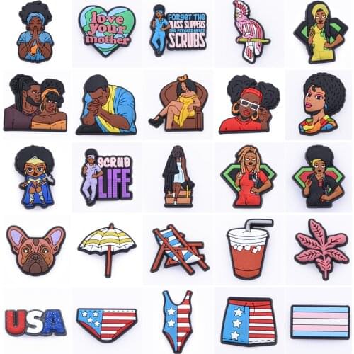 1 PCS PVC Croc Shoe Charms Beautiful Animals USA Logo Suit Decorations BLM Magic Black Girl For Croc Shoes