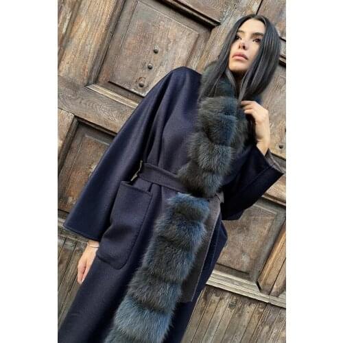 130cm Cashmere Woolen Wrap Coat Fluffy Real Fox Fur Collar Long Coats Elegant Slim High Quality Autumn Winter Clothes Women