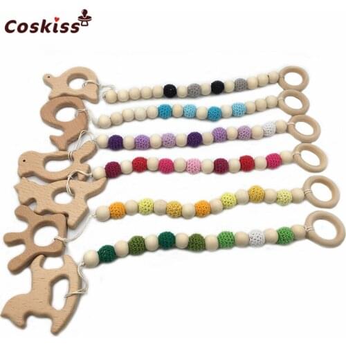 6pcs Baby Teething Toy Wooden Rings Animal Teether Eco-friendly Teething Crochet Beads Chewable Infant Holder Wooden Teether