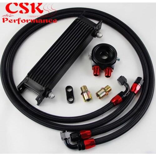 AN8 10 Row 248mm Universal Engine Transmission Oil Cooler British Type + Aluminum Filter Hose End Kit Black/Blue