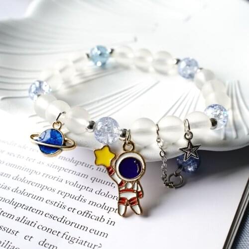 Cute Astronaut Picking Stars Elastic Rope Bracelet Frosted Bead Bracelet Childrens Fashion Jewelry Accessories Best Friend Gift