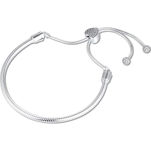 Genuine 925 Sterling Silver Bracelets Pave Heart Clasp Snake Chain Slider Bracelets for Women DIY Charms Beads Jewelry pulsera