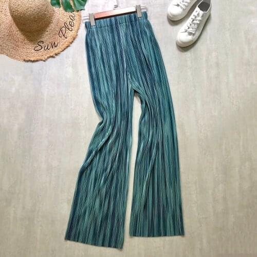 Women Summer Pants Striped Pleated Green Wide Leg Loose Style High Waist Elastic Long Pants Korean Vacation Trousers