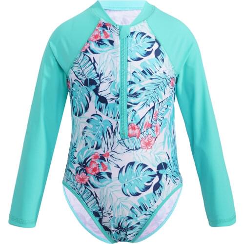 Girls One Piece Set Cute Palm Zippered Long Sleeves Swimsuit UPF 50+ UV Sun Protective Swimwear Kid Summer Beachwear Rash Guard