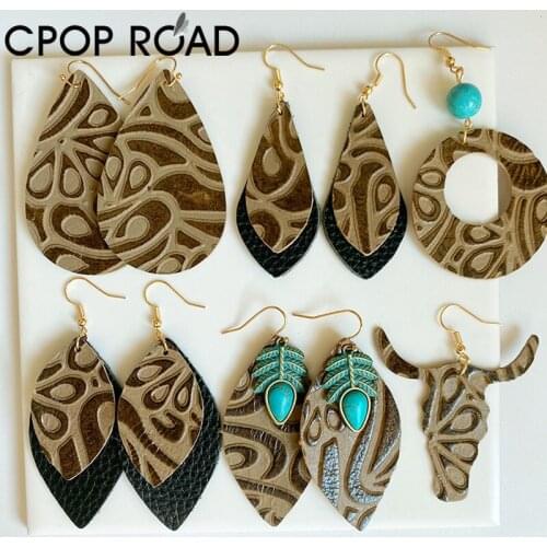 Cpop Vintage Embossed Cowhide Leather Earrings for Women Bull Head Round Horse Eye Earrings Fashion Jewelry Hot Sale Girl Gifts