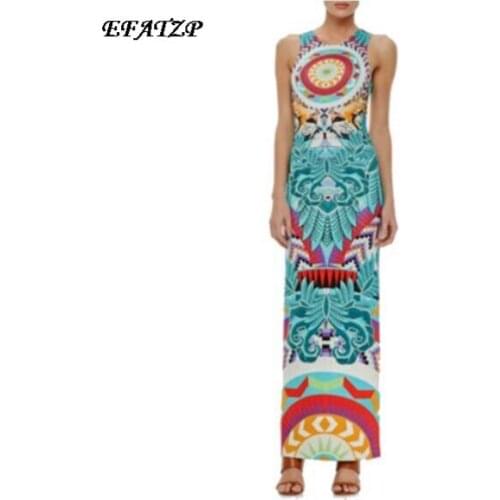 [EFATZP] Free Shipping New Fashion Womens Luxurious Brand Sleeveless Royal Baroque Print Stretch Jersey Silk Maxi Full Dress