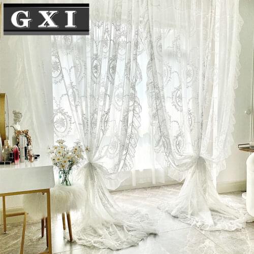 GXI French Retro White Lace Princess Curtain Tulle for Living Room Bedroom Finished Product Window Sheer Drape