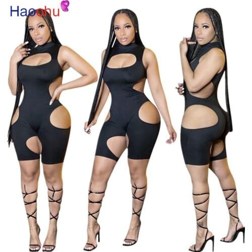 HAOOHU Sexy Hollow Out Bodycon Playsuit Sleeveless Short Rompers for Women Summer Vacation Clothes One Piece Night Club Outfits