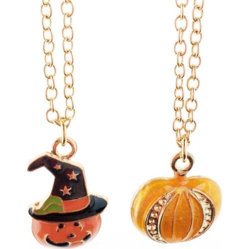 Halloween Cute Pumpkins Cap bff 2 Shiny Pendant Necklace Best friends Friendship Jewelry Souvenir Gifts For Kids Wholesale